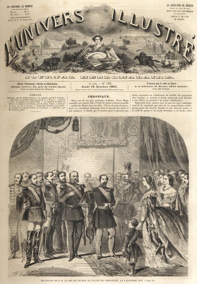Der Besuch von Wilhelm, dem König von Preußen, bei Napoleon III., dem Kaiser der Franzosen, in Compiègne, Frankreich 1861 - Besuch von Wilhelm I. von Preußen (1797-1888) in Compiègne in Anwesenheit von Napoleon III. - Gravur aus „Das illustre Universum“ von Unknown artist