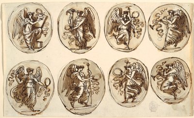Zeichnung, Deckendesign, Geschichte, Überfluss in sechs Ovalen, Sala di Ercole ed Ebe, Palazzo Gessi, Faenza, 1813 von Unknown artistUnknown artist