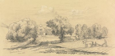 Ein Bauernhof mit Bauer, Pferd und Pflug im Vordergrund von Unknown artist