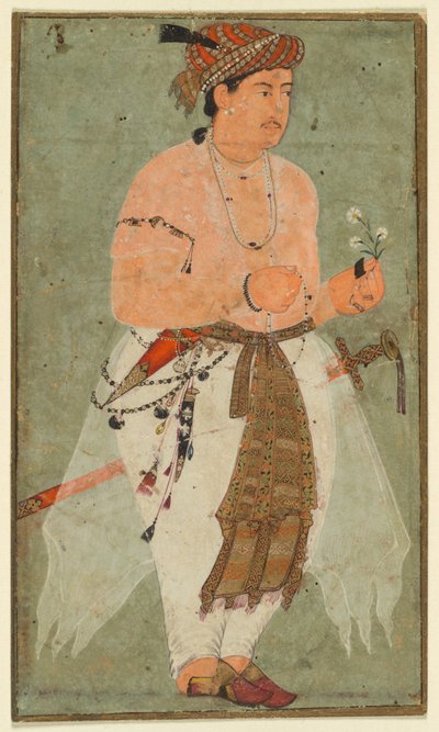 Ein Mogulprinz, vielleicht Danyal, hält einen Blumenstrauß von Unknown artist