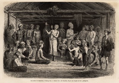 Ein Konzert von Sängern, ein Muong Lim (Laos), lebhafte Musik und Rhythmus gesungen von einem Solisten und im Chor wiederholt, alle tragen die traditionelle Frisur der Mou Tsu, die lange Haare und Zöpfe unter ihrem Turban tragen. Gravur zur Illustration ei von Unknown artist