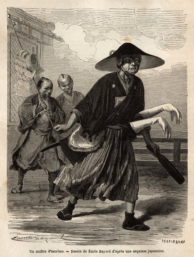Ein Fechtmeister, gefolgt von zwei Helfern, die sein Material tragen, der Meister zieht seine weißen Handschuhe über die Ärmel seiner Schwerter. Gravur zur Illustration der Reise nach Japan, in den Jahren 1863-1864, von Aime Humbert, Minister der Schweizer von Unknown artist