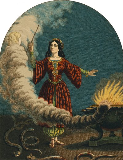 Ein Magier (Hexe) bereitet Zauber mit einem Zauberstab, einem Kessel und Schlangen vor. Gravur von 1852 von Unknown artist