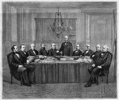 Eine Sitzung des Ministerrats in Versailles. Von links nach rechts: Louis Buffet (1818-1898), Innenminister; Léon Say (1826-1896), Finanzminister; Henri Wallon (1812-1904), Minister für öffentliche Bildung, Kultus und schöne Künste; Alfred  von Unknown artist