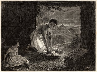 Eine Frau mahlt Getreide in einem Brenner, die Mühle besteht aus einem stationären Granitblock in Form einer Rinne und einem konvexen Quarzstück. Gravur zur Illustration von Dr. Livingstones ersten Reisen nach Südafrika von 1840 bis 1856, in „Le tour du mo von Unknown artist