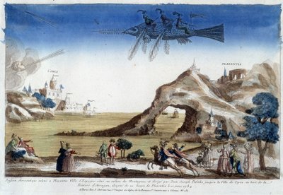 Aerostatischer Fisch, der in Plazentia, Spanien, von Dom Joseph Patinho gesteuert wird und am 10. März in die Stadt Coria am Ufer des Arragon-Flusses (12 Meilen von Plazentia entfernt) fliegt. von Unknown artist
