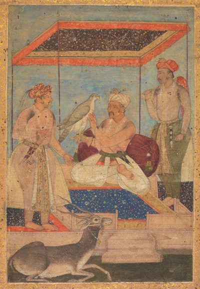 Akbar und Jahangir untersuchen einen Ghir-Falken, während Prinz Khusrau dahinter steht von Unknown artist