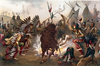 Amerikanisches Indianerritual (Südliche Dakota-Ebenen-Indianer): Sioux-Kriegstanz. Chromolithographie aus „Die menschliche Rasse“ von Ratzel, ca. 1890 von Unknown artist