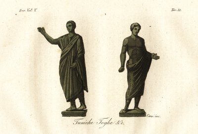 Antike etruskische Statuen, die Männer in Toga, Tunika, Calzari (Schuhe) usw. zeigen von Unknown artist