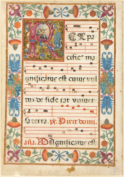 Engel, der ein Instrument in einem verzierten Initial "R" mit Flora, Fauna und Grotesken spielt, aus einem Antiphonar von Unknown artist