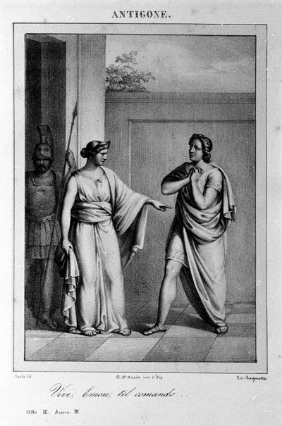 Antigone Akt I, Szene 3. Italienische Tragödie von Vittorio Alfieri, geschrieben 1783 nach der griechischen Mythologie. Gravur des 18. Jahrhunderts. von Unknown artist