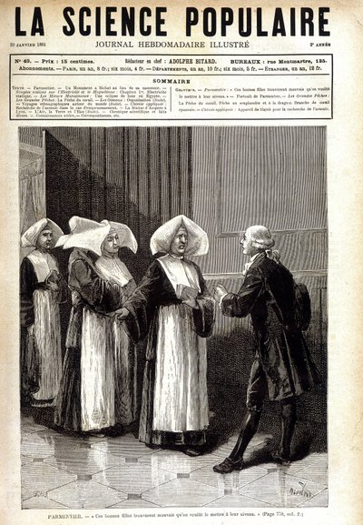 Antoine Augustin Parmentier (1737 - 1813), Apotheker, bekannt für die Verbreitung des Kartoffelanbaus in Frankreich, spricht zu Nonnen. in „La science populaire“ 20/01/1881 von Unknown artist