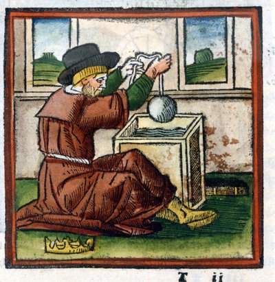 Archimedes bestimmt das Gewicht der Krone von Hieron durch Eintauchen in Wasser (Erfahrung des Auftriebs) (Gravur) von Unknown artist