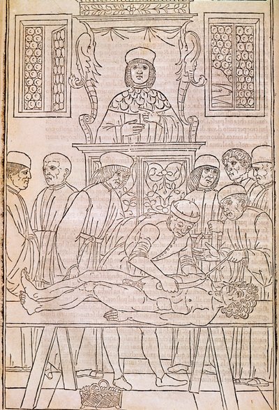 Autopsie. Codex. Der Körper eines toten Mannes wird von Ärzten für eine anatomische Studie seziert. „Fascicula Medicinae“. Codex eines Ärztefascikels von Johannes Kethan von Unknown artist