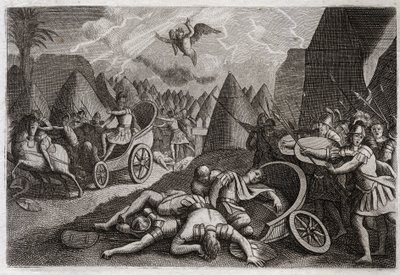 Bibel von Royaumont, Altes Testament: Niederlage von Sanherib. Gott besiegt die Armee von Sanherib zugunsten von König Hiskia durch einen Engel, der in einer Nacht hundertfünfundachtzigtausend Männer tötet. Illustration von 1811. von Unknown artist