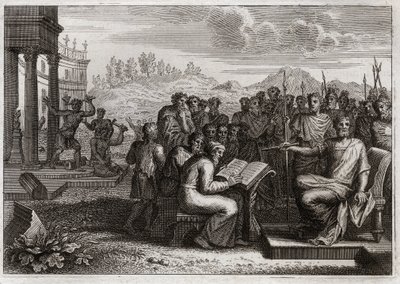 Bibel von Royaumont, Altes Testament: Frömmigkeit von Josias. Josia, König von Juda, stellt den Gottesdienst in seinem Königreich wieder her und übertrifft alle seine Vorgänger an Tugend. Illustration von 1811. von Unknown artist