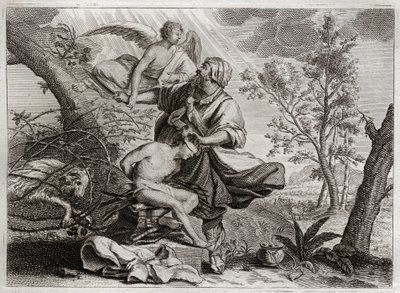 Royaumont-Bibel, Altes Testament: Opferung Abrahams. Ein Engel hält Abrahams Hand vor der Opferung seines Sohnes Isaak. Links steht der Widder, den Abraham stattdessen töten wird. Illustration von 1811 von Unknown artist