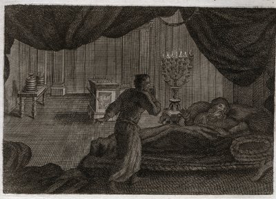 Bibel von Royaumont, Altes Testament: Samuel gibt Heli. Anne (Hannah) weihte den kleinen Samuel dem Herrn und übergab ihn dem Hohepriester Heli. Samuel, der die Stimme des Herrn in der Nacht hört, denkt, dass es sein Mentor ist. Illustration von 1811. von Unknown artist