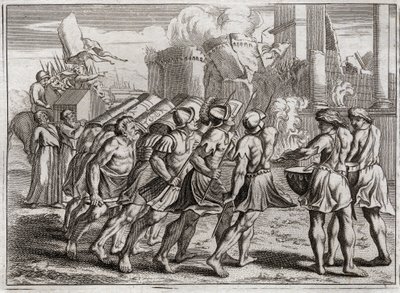 Bibel von Royaumont, Altes Testament: Die Einnahme von Jericho. Die Mauern von Jericho fallen zu Boden durch den Klang der Trompeten der Priester, die der Bundeslade des Herrn vorausgingen. Illustration von 1811. von Unknown artist