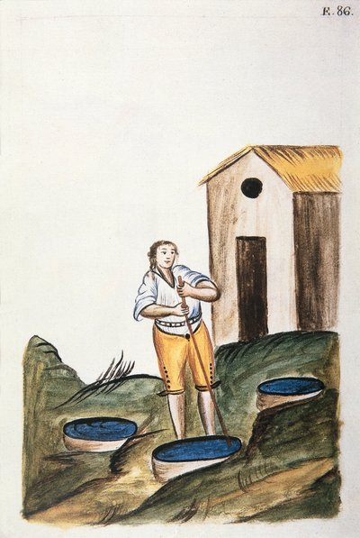 Blaue Färbeschale zum Färben von Wolle, aus dem Buch "Trujillo del Peru" oder "Códice Martínez Compañón", von Baltazar Martinez Compañón y Bujanda, Bischof von Trujillo (1782-1785) von Unknown artist