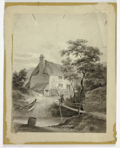 Junge auf einer Brücke vor einem Cottage von Unknown artist
