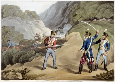 Britischer Soldat erobert zwei französische Offiziere in der Schlacht der Pyrenäen - in „Historische, Militärische und Marine-Anekdoten...“ von Edward Orne. von Unknown artist