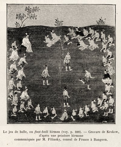 Burmesischer Fußball oder Ballspiel. Gravur von Krakow zur Illustration der Geschichte „Fünfzehn Tage in Burma“, von E.Cavaglion, 1886, in Le tour du Monde 1892, herausgegeben von Edouard Charton (1807-1891), Hachette, Paris. von Unknown artist