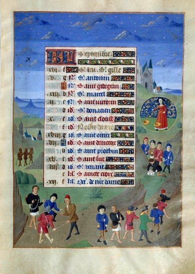 Kalenderseite für den Monat September. „Abreise der Pilger auf Reisen“ Illustrierte Manuskriptseite aus dem „Stundenbuch der Herzogin von Burgund, Adelaide von Savoyen“ von Unknown artist