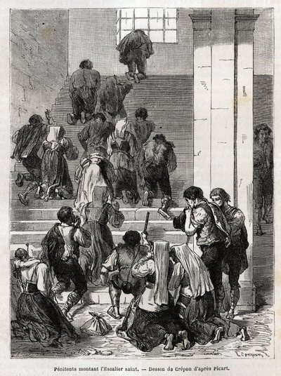 Katholische Büßer steigen die heilige Treppe in Rom hinauf. Gravur zur Illustration der Geschichte von Ludovic Celler; die Karwoche in Rom von Unknown artist
