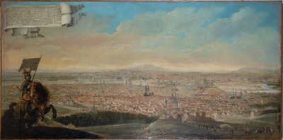 Vogelperspektive von Paris, mit dem Reiterporträt von Chevalier des Essarts, circa 1645 von Unknown artist