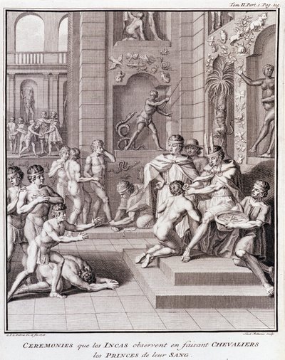 Zeremonien, die die Inkas bei der Ritterschaft der Prinzen ihres Blutes beobachten - in „Historische Reise durch Südamerika im Auftrag des Königs von Spanien“ von Don Georges Juan & Don Antoine de Ulloa, T.II, ed. Jombert, Librairie du Roi, Paris von Unknown artist