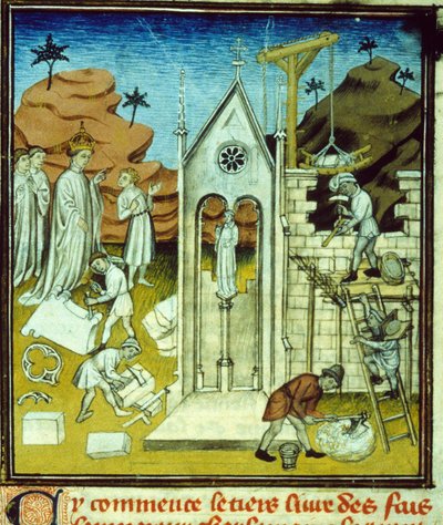 Karl der Große besucht die Baustelle einer Kathedrale - Buchmalerei auf Pergament aus dem Mittelalter „Große Chroniken von Saint-Denis“ Ende des 14. Jahrhunderts (ref. 512, 096r) Genehmigung der Stadtbibliothek von Toulouse anfordern (tel: 05 62 von Unknown artist