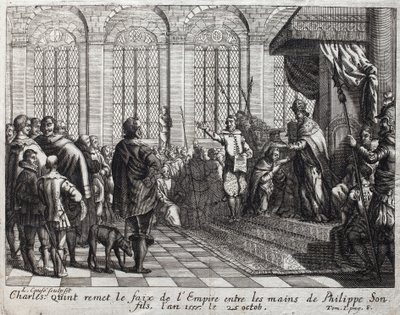 Karl V. (1500-1558) übergibt das Reich an Philipp II. (Felipe) (1527-1598), seinen Sohn, am 25. Oktober von Unknown artist