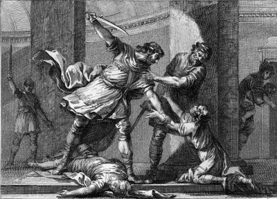 Chlothar I. (ca. 497-561) und Childebert I., die fränkischen Könige, ermordeten zwei Söhne ihres Bruders Chlodomer (495-524). Gravur aus dem 18. Jahrhundert von Unknown artist