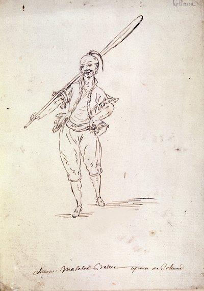 Kostüm für die Figur des Roland in der gleichnamigen Oper von Komponist Niccolo Vito Piccinni nach einem Libretto von Jean Francois Marmontel (1778). Zeichnung aus dem späten 18. Jahrhundert von Unknown artist
