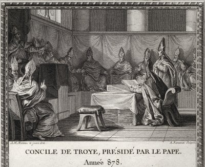 Rat von Troye am 7. September 878. Im Mai 878, Papst Johannes VIII., bedroht von Sarazenen und italienischen Adligen, suchte Zuflucht in Arles unter Herzog Boson und seiner Frau Ermengarde. Er begleitet ihn nach Troyes, wo ein großer Rat organisiert wird. von Unknown artist