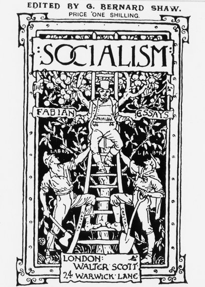 Titelblatt der Fabian Society Zeitschrift „Socialism“, herausgegeben von G. B. Shaw. Die Allegorie stellt das Privileg an der Spitze der Skala dar, das Kapital symbolisiert und Arbeiter mit zwei Gewehren überwacht. Gravur. von Unknown artist