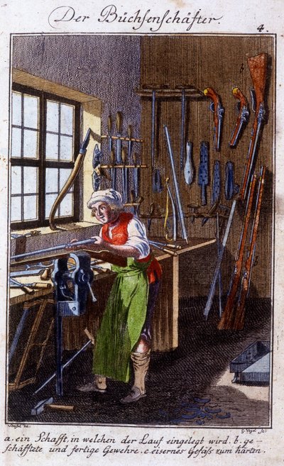 Handwerk: der Arkebusmacher in seiner Werkstatt. In „Umfassende Beschreibung der Künste und Handwerke und Werkstätten für junge Leute“ von Johan Peter Vue. Ed. Nürnberg, Weigel und Schneider von Unknown artist