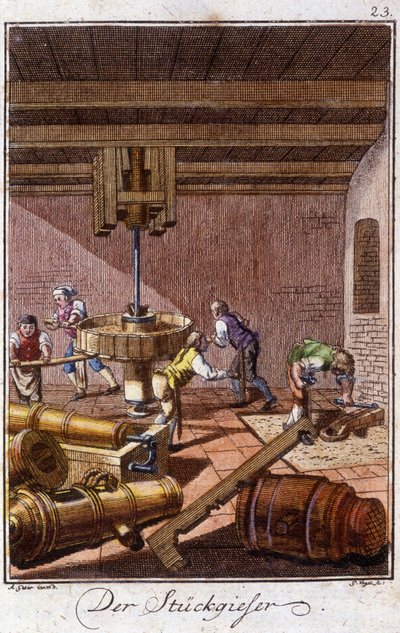 Handwerk: die Kanonengießer in ihrer Werkstatt. In „Umfassende Beschreibung der Künste und Handwerke und Werkstätten für junge Leute“ von Johan Peter Vue. Ed. Nürnberg, Weigel und Schneider von Unknown artist