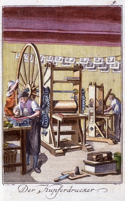 Handwerk: der Kupferstecher in seiner Werkstatt. In „Umfassende Beschreibung der Künste und Handwerke und Werkstätten für junge Leute“ von Johan Peter Vire. Hrsg. Nürnberg, Weigel und Schneider von Unknown artist