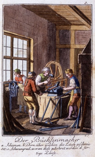 Handwerk: der Arkebusier in seiner Werkstatt. In „Umfassende Beschreibung der Künste und Handwerke und Werkstätten für junge Leute“ von Johan Peter Vue. Hrsg. Nürnberg, Weigel und Schneider von Unknown artist