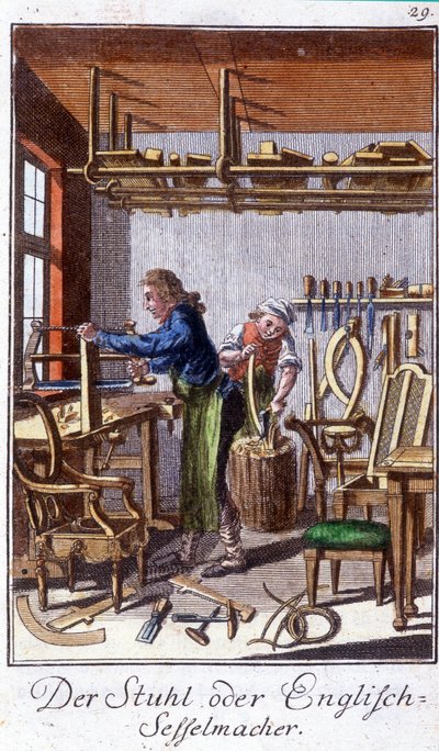 Handwerk: der Stuhlhersteller in seiner Werkstatt. In „Umfassende Beschreibung der Künste und Handwerke und Werkstätten für junge Leute“ von Johan Peter Vue. Ed. Nürnberg, Weigel und Schneider von Unknown artist