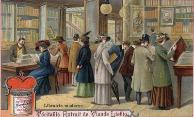 Kunden und Buchhändler in einer modernen Buchhandlung, Ende des 19. Jahrhunderts von Unknown artist