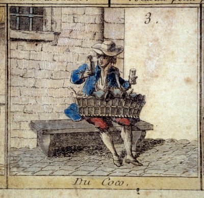 Detail des Spiels der Gans von Paris: der Kokosnussverkäufer (Verkauf von Schmuckstücken). Gravur des 18. Jahrhunderts von Unknown artist