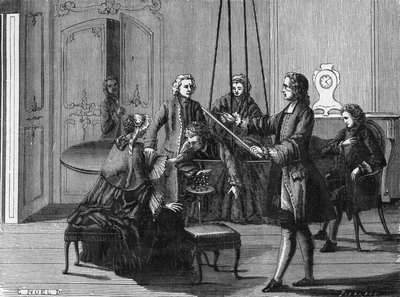 Dufay-Experiment. Charles François Du Fay (1698 - 1739), französischer Chemiker und Physiker. Gravur aus dem Wissenschaftsalbum, Frankreich, 19. Jahrhundert. von Unknown artist