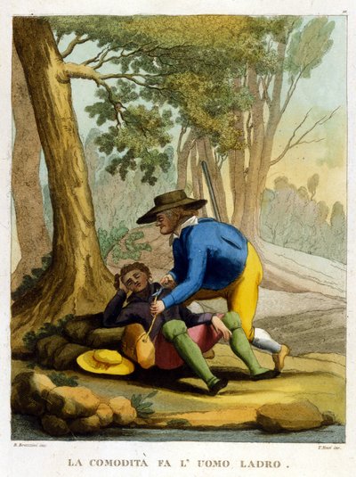 „Bequemlichkeit macht den Menschen zum Dieb“. Illustration aus einer Sammlung von Sprichwörtern des 18. Jahrhunderts von Unknown artist