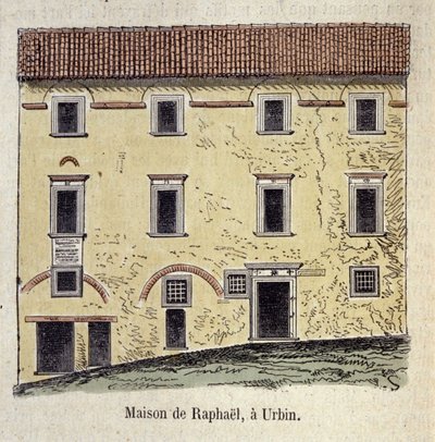 Fassade des Hauses, in dem der Maler Raffaello Santi (Raphael) (1483-1520) in Urbino, Italien lebte von Unknown artist