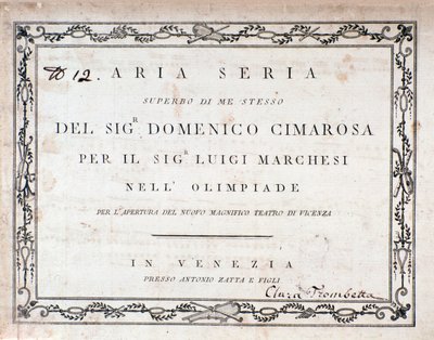 Erste Seite der Partitur von Aria Seria von Domenico Cimarosa von Unknown artist