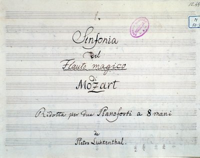 Erste Seite der Symphoniepartitur reduziert auf zwei Klaviere und acht Hände von Die Zauberflöte, Oper von Mozart, Lichtenthal-Version (19. Jahrhundert) von Unknown artist