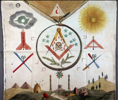 Freimaurerei: Freimaurerische Embleme auf einer Schürze eines Maurers des französischen Ritus aus dem 18. oder 19. Jahrhundert. Staatsarchiv von Mailand von Unknown artist